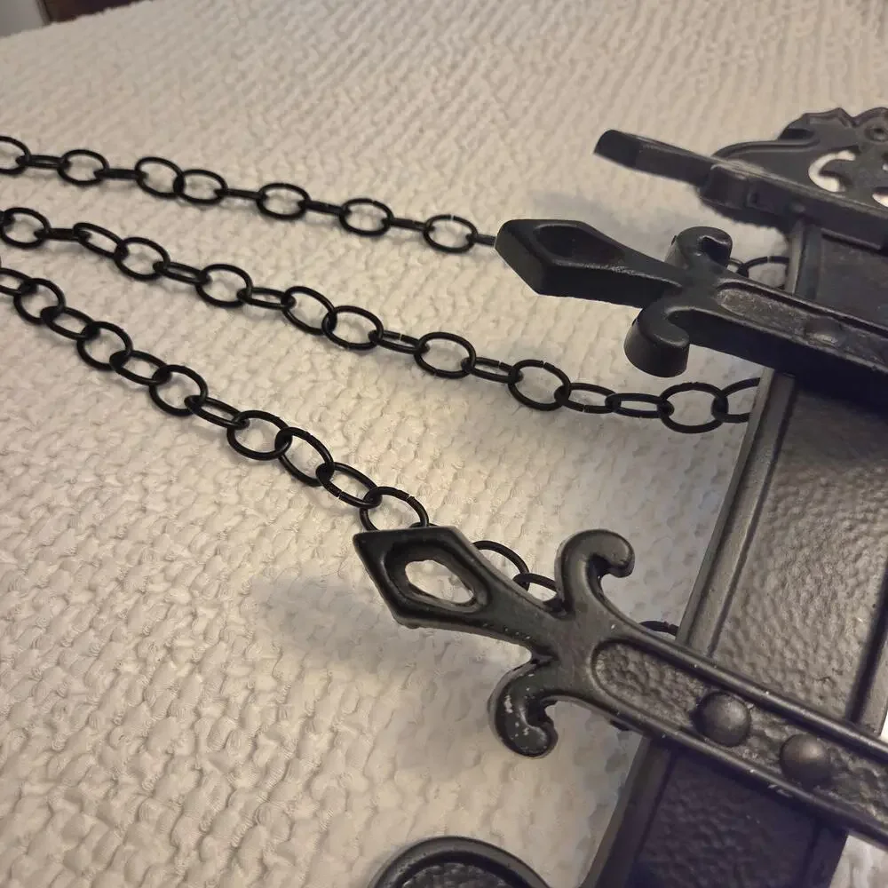 Gothic Wall Sconce 1960s 3 Candle Holders Chains Heavy Black Cast Metal